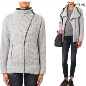 IRO Jacket Chelane Lamb Leather Trim Wool Blend Gray Waffle Knit Moto